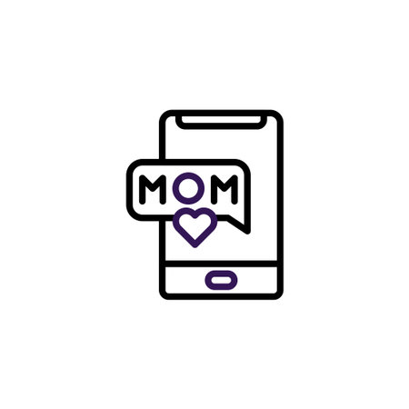 A minimalist outline illustration depicts a smartphone displaying a message bubble with the word 'MOM' accompanied by a heart symbol, representing digital communication and expressing love andのイラスト素材