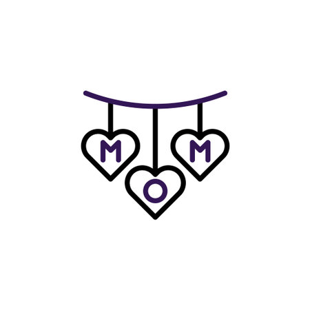 A minimalist illustration featuring a decorative garland with heart-shaped elements displaying the letters 'MOM'. The design evokes themes of love, motherhood, and family bonding, making it suitableのイラスト素材