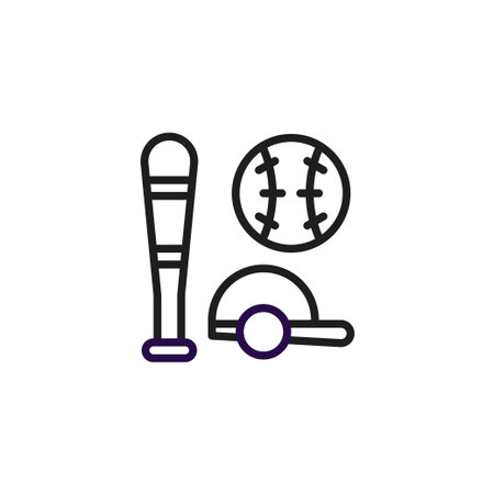 A minimalist vector illustration featuring a baseball bat, ball, and cap in a clean outline style. This stylized graphic depicts sporting equipment and evokes a sense of recreational activity,のイラスト素材