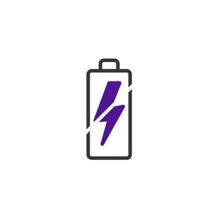 A minimalist illustration of a battery with a bold purple lightning bolt, symbolizing energy and charging. The clean outline and flat design create a modern and tech-forward impression, perfect forのイラスト素材