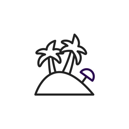 An enchanting illustration depicts a tranquil island getaway. Two palm trees sway gently above a sandy beach. A playful blue parasol provides shade. This minimalist scene embodies summer vacationのイラスト素材