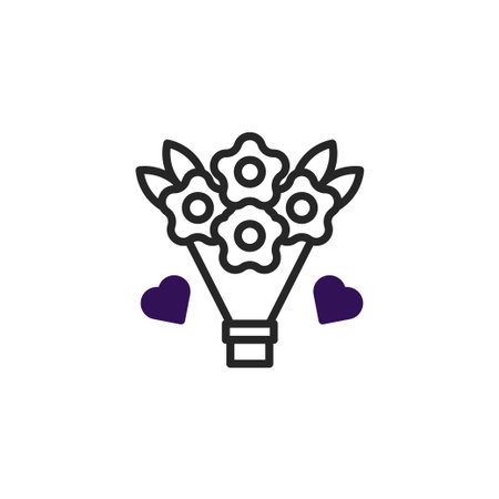 A simple yet elegant graphic representation of a bouquet of flowers with accompanying hearts, symbolizing love, affection, and celebration. Perfect for invitations, greeting cards, or designs thatのイラスト素材