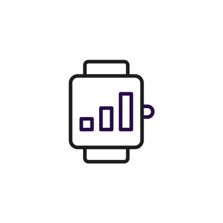 A minimalistic icon of a smartwatch displays a bar graph, symbolizing growth, progress, and data analysis. This design represents the use of technology for time management, performance monitoring,のイラスト素材