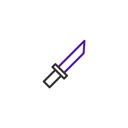 A sleek and modern illustration showcases a stylized katana. Featuring a vibrant purple blade, the design captures the essence of the iconic weapon. Minimalist linework against a clean whiteのイラスト素材