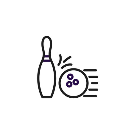 Simple vector illustration of a bowling pin and ball in motion, showcasing the sport's dynamic essence. Represents recreation, leisure activity, and a competitive spirit within a clean, minimalistのイラスト素材