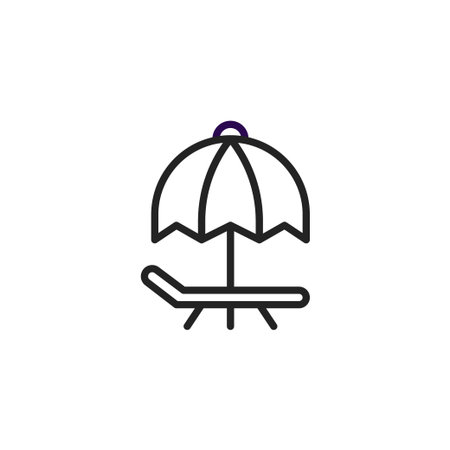A minimalist icon depicts a beach chair under a parasol, embodying vacation, relaxation, and summer leisure, suggestive of sunny days, travel, and a peaceful escape to a seaside destination for aのイラスト素材