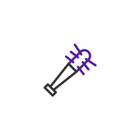 A stylized digital illustration depicts a weapon, possibly a mace or club, adorned with sharp spikes. The design utilizes purple as an accent color, contrasting against the white background,のイラスト素材