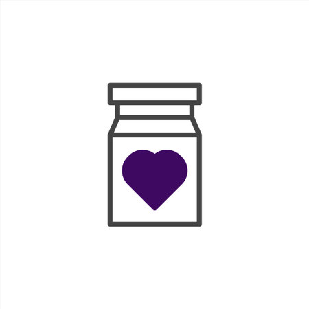 A visually simple and emotionally evocative illustration featuring a bottle, accented with a bright purple heart. The heart signifies love and care, while the bottle infers medicine. Suitable forのイラスト素材