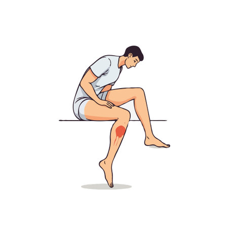 Illustration of a seated man, showcasing a visually emphasized knee injury. The image conveys feelings of pain and discomfort, highlighting the man's physical distress and focusing on the injury forのイラスト素材