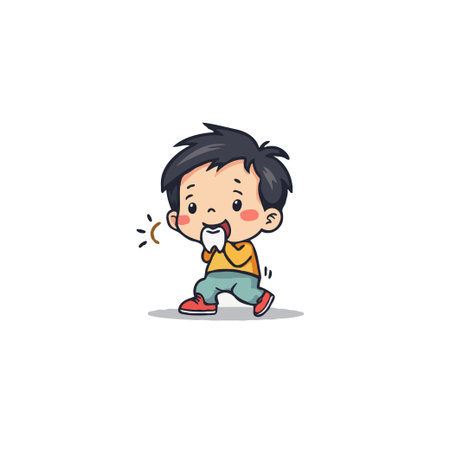 A charming cartoon illustration depicts a young child experiencing the discomfort of their first toothache. The image captures a blend of youthful innocence and the universal experience of dentalのイラスト素材