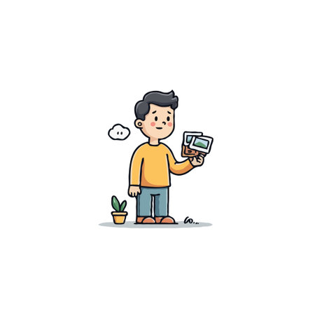 Cartoon illustration of a character holding photos, seemingly lost in thought and contemplating memories with a serene expression. The scene is set indoors, with a plant and cloud adding to the calmのイラスト素材