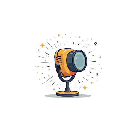 A stylized cartoon illustration of a vintage studio microphone. The design features a bright yellow microphone body, retro elements, and artistic light burst effects surrounding it. Ideal for use inのイラスト素材