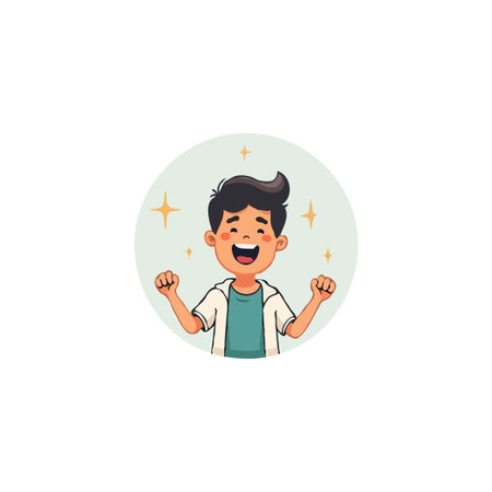 This joyful cartoon depicts a young boy celebrating with enthusiasm. His bright smile and animated pose convey a sense of accomplishment and pure happiness. Perfect for conveying positivity,のイラスト素材