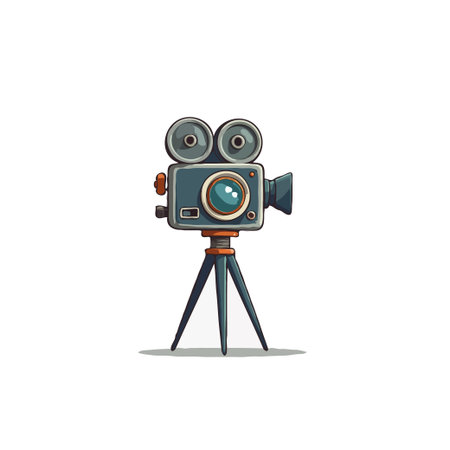 Captivating illustration of a vintage movie camera positioned on a tripod, evokes a sense of nostalgia and the artistry of filmmaking. This retro equipment design is perfect for representing cinemaのイラスト素材