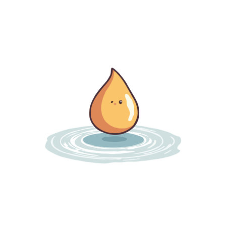 A delightful cartoon depiction features a charming raindrop character with a gentle smile, standing in a circular puddle. The ripple effect around the drop adds a touch of whimsy, capturing a senseのイラスト素材