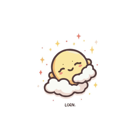 A cute and charming cartoon character peacefully rests on a fluffy cloud, surrounded by twinkling stars. The soft pastel colors and minimalist design evoke a sense of tranquility and childlikeのイラスト素材