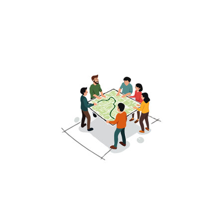 A collaborative team gathers around a table, diligently crafting a future strategy. This isometric...