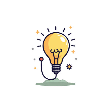 A stylized illustration shows a glowing lightbulb, symbolizing a bright idea or innovation. It evokes feelings of inspiration, invention, and the birth of a novel solution, suggesting innovation andのイラスト素材