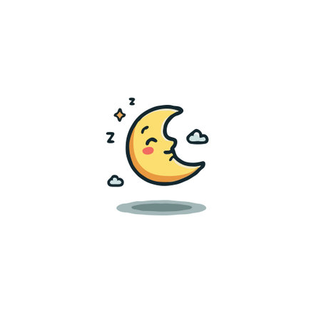 A charming cartoon illustration features a crescent moon with a peaceful sleeping face drifting gently alongside miniature fluffy clouds. Decorated with 'zzz' and tiny stars, the image evokes aのイラスト素材