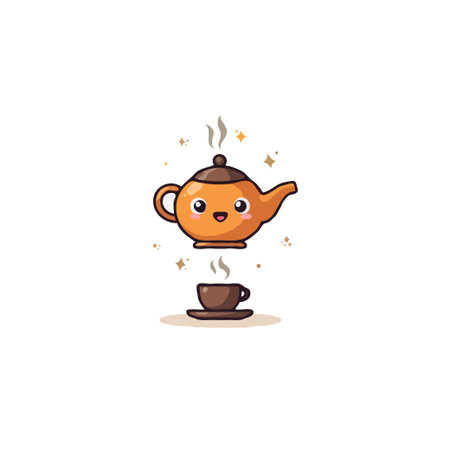 A charming cartoon illustration features a teapot with a delightful smile above a steaming cup, creating a playful and heartwarming image. The minimalist design, with its earthy tones and cleanのイラスト素材