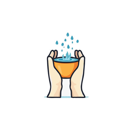 Illustrative depiction of hands cupping a vessel filled with water. The imagery conveys themes of hydration, nurturing, purity, and the act of providing essential life elements. A minimalisticのイラスト素材