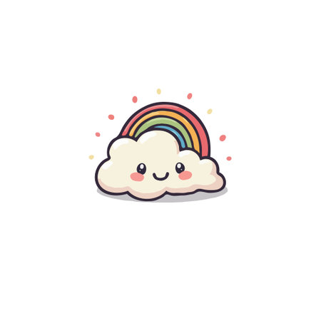 A charming illustration showcases a cute cloud adorned with a vibrant rainbow arc. The friendly smiling face of the cloud radiates joy and light, perfect for adding a whimsical and cheerful touch toのイラスト素材