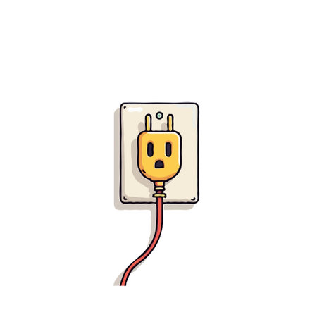 A quirky and charming cartoon-style illustration of an electrical outlet and plug. Rendered with...