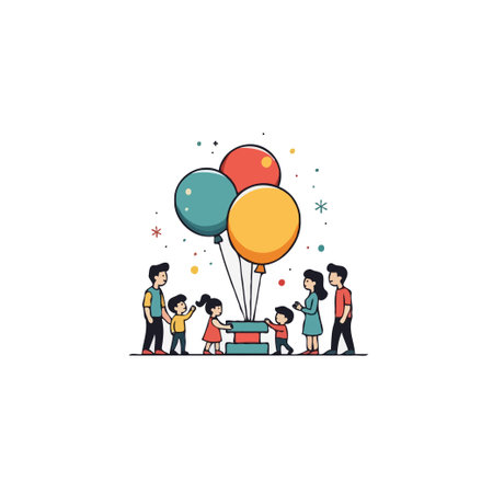 A cheerful family is gathered around balloons, celebrating a special occasion. The minimalist design and bright colors evoke feelings of joy, togetherness, and happy moments. This illustrationのイラスト素材