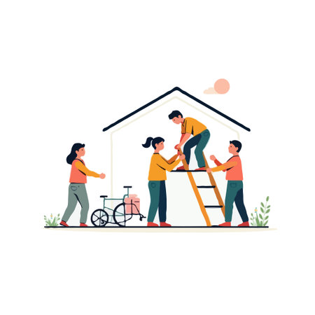 A family unites to build a house, with accessibility considered, where collaboration is seen through helping climb the ladder, and where teamwork and collaboration creates an inclusive andのイラスト素材