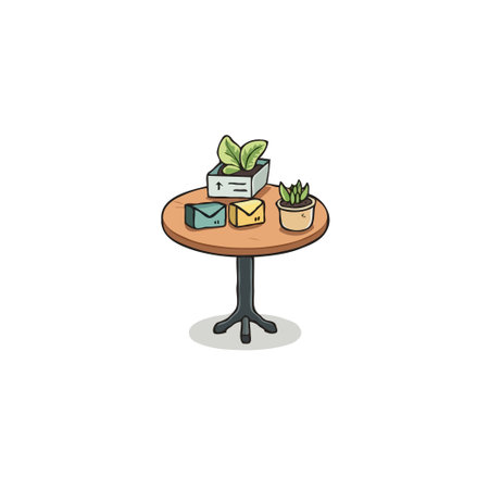 This image presents a minimalist cartoon drawing of a round wooden table. Atop the table are several potted plants and minimalist objects, rendered in a simple, cheerful style with soft colors andのイラスト素材