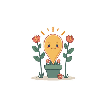 A delightful illustration showcases a map pin character in a flowerpot, representing growth and blooming. The image combines location with the concept of flourishing, symbolizing a positive andのイラスト素材