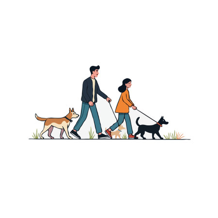 A heartwarming illustration depicts a couple taking a serene walk, accompanied by their cheerful canine companions. The image captures a moment of leisure, companionship, and healthy lifestyle asのイラスト素材