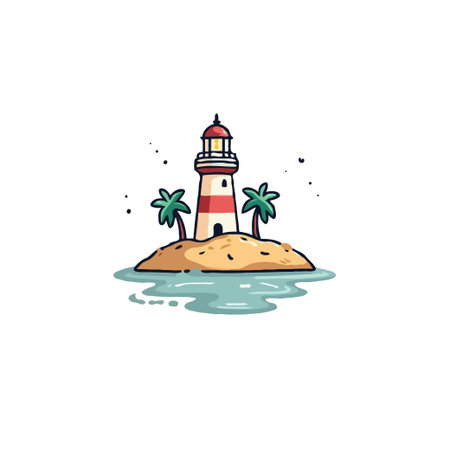A delightful cartoon illustration featuring a quaint lighthouse nestled on a small island adorned with palm trees and surrounded by calm waters, evokes a sense of tropical serenity and maritimeのイラスト素材