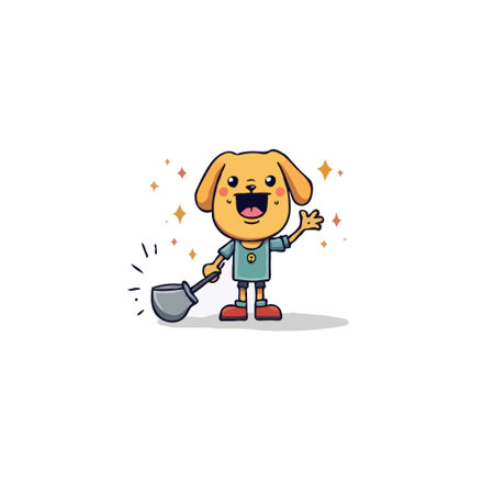 A delightful cartoon illustration featuring a cheerful dog character joyfully holding a shovel. This cute canine figure is perfect for conveying happiness and promoting messages related to cleaning,のイラスト素材