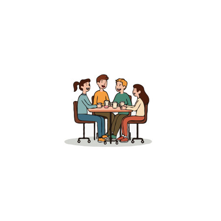 Four friends are sitting around a square table in an indoor setting, enjoying hot drinks and engaging in a cheerful conversation. They appear relaxed and happy in each other's company, creating aのイラスト素材