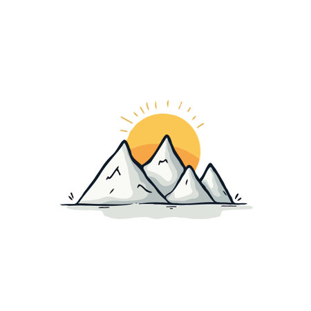 Minimalist illustration capturing a mountain range silhouetted against a radiant sunset. The simplicity emphasizes the vastness and quietude of nature, evoking a sense of peace and the harmoniousのイラスト素材