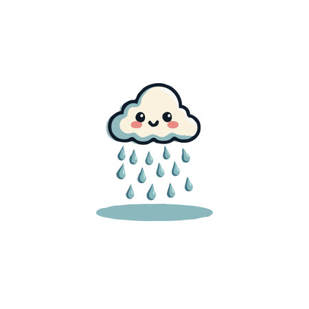 A delightful cartoon illustration shows a smiling cloud gently releasing raindrops. This cute weather graphic conveys a sense of gentle rain. It can be used for meteorological illustrations,のイラスト素材