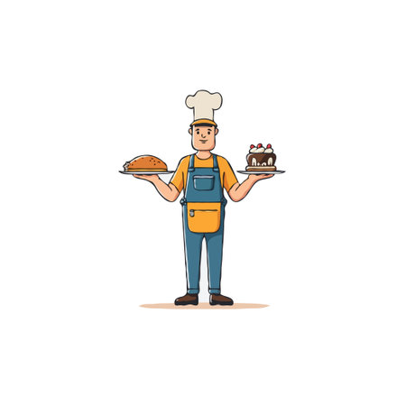 A cheerful baker stands proudly, holding a freshly baked bread on one hand and a decadent cake on the other. The illustration captures the essence of culinary artistry, showcasing the baker's skillsのイラスト素材