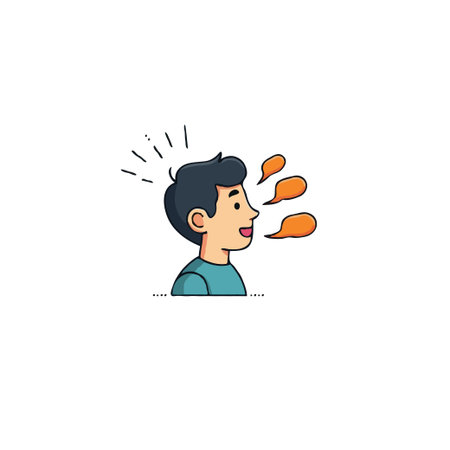 An endearing illustration shows a young person depicted from the side, seemingly speaking or deeply involved in contemplation. Orange speech bubbles float near their head, visually representingのイラスト素材