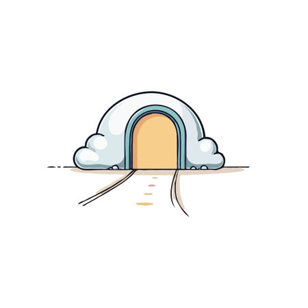 A stylized cartoon illustration presents a whimsical portal shaped like a cloud with a radiant,...