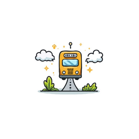 A cheerful yellow cartoon bus with a futuristic robot style is depicted against a white background with whimsical clouds and stars. The image is ideal for children's stories or educational resourcesのイラスト素材