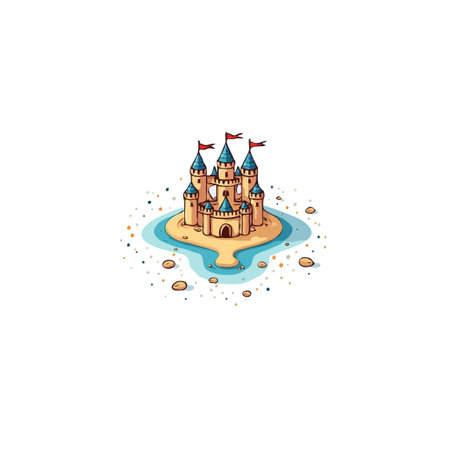 A delightful digital illustration showcases a fanciful castle perched on a tiny sandy islet. Red flags flutter atop the turrets, set against a simple white background. This evokes a sense ofのイラスト素材