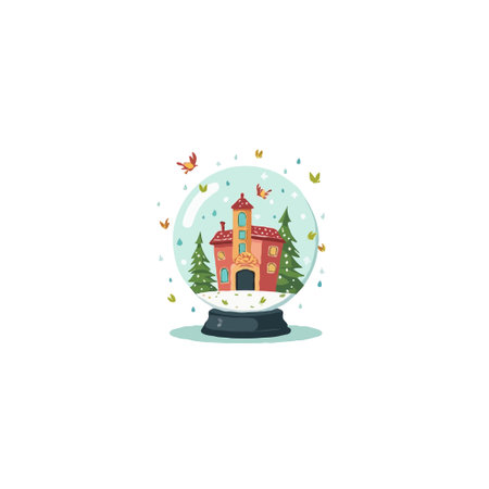 A delightful illustration showcasing a snow globe with a quaint house nestled between evergreen trees. Birds flutter around the globe, creating a cheerful and inviting winter scene perfect forのイラスト素材