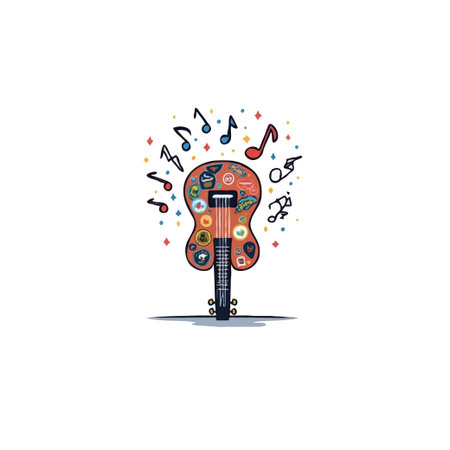A charming illustration showcases a guitar adorned with colorful embellishments, surrounded by musical notes. The design evokes a sense of whimsical creativity and musical expression, making itのイラスト素材