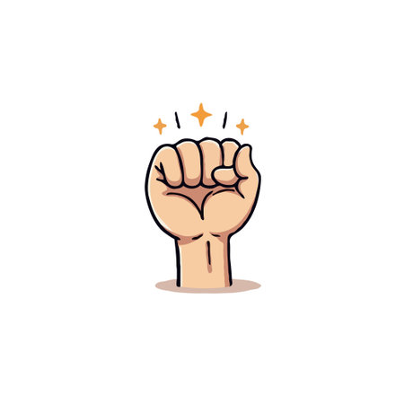 A simple yet striking illustration presents a clenched fist radiating with shimmering stars, symbolizing strength and empowerment. This image embodies the concept of overcoming challenges, achievingのイラスト素材