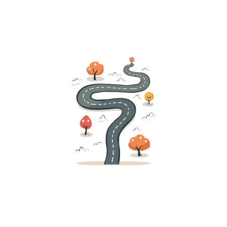 This illustration features a stylized winding road, inviting viewers to imagine a scenic journey. The autumn-colored trees along the asphalt path create a peaceful atmosphere, perfect for depictingのイラスト素材