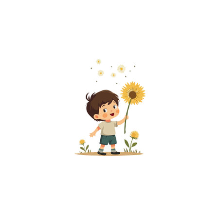 A charming cartoon illustration depicts a young boy standing amidst a field of flowers, holding a large sunflower. The image captures the essence of childhood innocence and the joy of exploringのイラスト素材