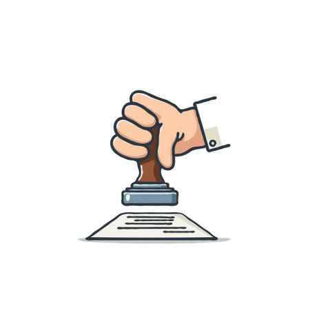 A stylized illustration depicts a hand firmly pressing a stamp onto a document, symbolizing validation and approval. This image effectively communicates authority, endorsement, and officialのイラスト素材