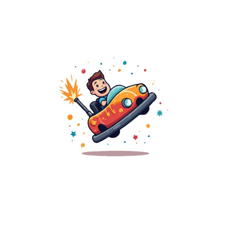 A cheerful cartoon boy joyfully rides a whimsical bumper car amidst a shower of stars. This lively image encapsulates the joy and energy of childhood amusement, perfect for conveying a sense of funのイラスト素材