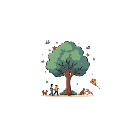 A heartwarming illustration captures children's innocent delight in a natural setting, accompanied by their furry friends, engaging in outdoor fun, with flying kite and birds in the sky, creating aのイラスト素材